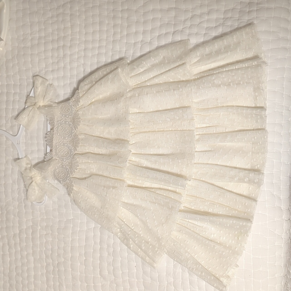Girls Cream Tiered Lace Party Dress with Bow Straps